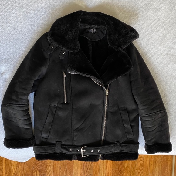Topshop Suede Shearling Biker Jacket - Picture 2 of 4